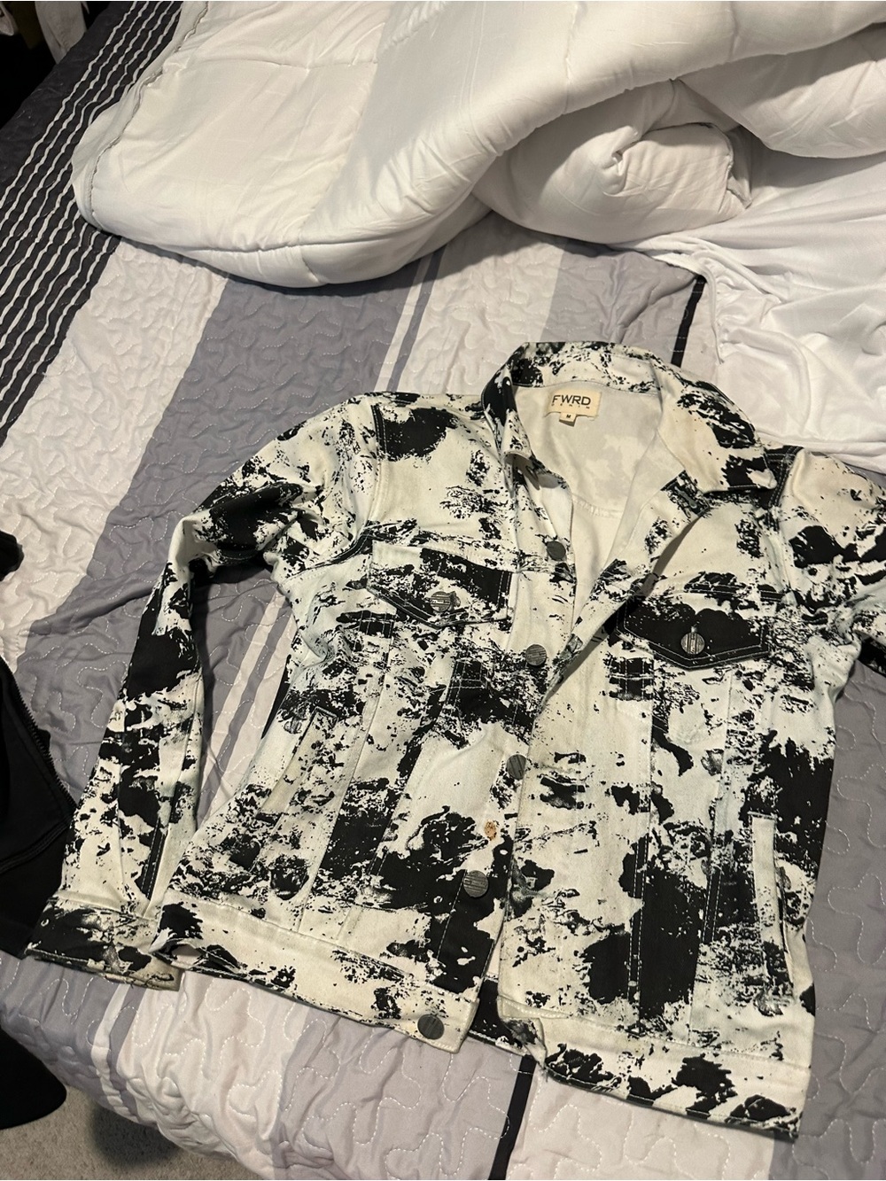 FWRD Denim Jacket in Black & White Paint-Splatter